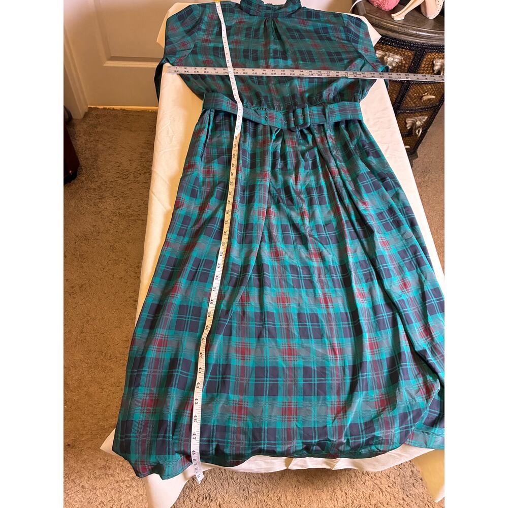 J.S.A. Bank Plaid Midi Dress Green Tartan Belted Long Sleeve Vintage Style S 12